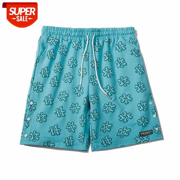 

jigsaw print casual shorts men's style sports pants street flow loose straight five-point #4v1a, Black