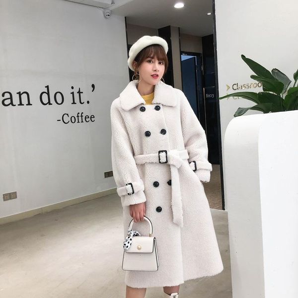 

women's wool & blends 2021 winter fashion womens coat lapel belt lamb lambswool woolen nine sleeves thick with warm long one piece of f, Black