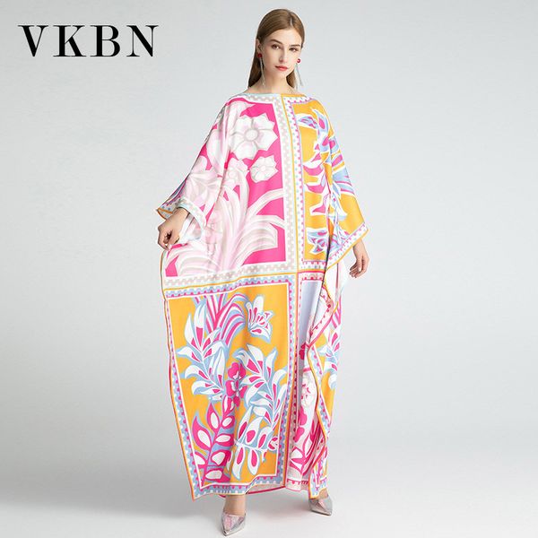 

vkbn silk women dress up batwing sleeve printing o-neck casual plus size female loose party dresses women 210507, Black;gray