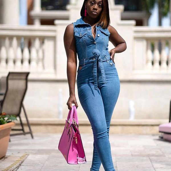 

women's jumpsuits & rompers sleeveless denim overalls 2021 women skinny button blue lace-up bodysuit, Black;white