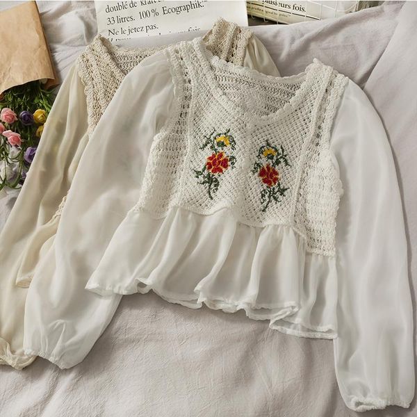 

women's blouses & shirts women fashion slim bodycon embroidered hollow out long sleeve chiffon blouse lady sweet casual girls daily bas, White