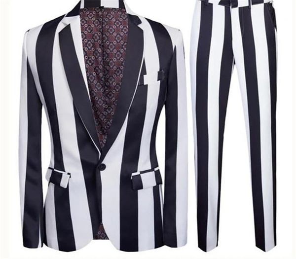 

men's suits & blazers est 2 piece men thick stripes modern fashion white and black customized fit lapel party wedding tuxedo coat+pant, White;black