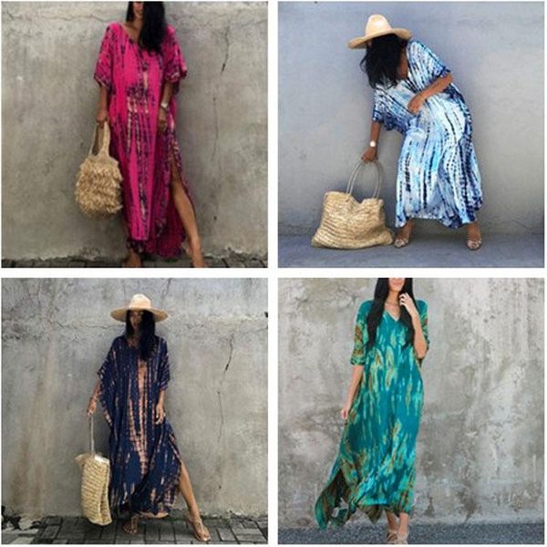 

women's swimwear 2021 bohemia printed beach dress loose short sleeve bathing suit cover up summer tunic for woman beachwear robe de pla, White;black