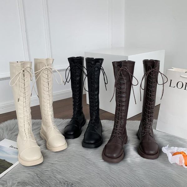 

boots 2021 fashion chunky platform pu leather knee high women punk increasing long female lace up booties mujer zip opening, Black