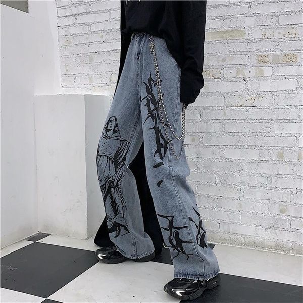

women's jeans y2krobe y2k pants goth printing wide leg casual denim vintge hip hop streetwear fashion autumn winter punk women indie, Blue
