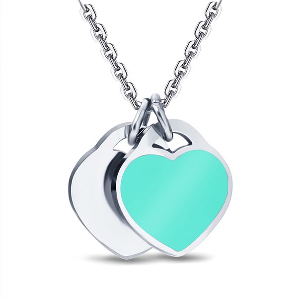 

green love shape charm women stainless steel chain double heart pendant necklace, Silver