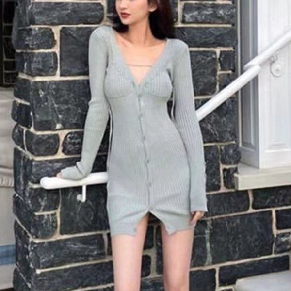 

[deat] v-neck long sleeve knitted bodycon dress adjustable drawstring mall goth summer clothes for women summer gx681 210428, Black;gray