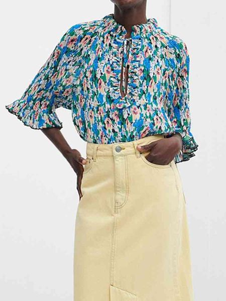 

spring 2022 new pleated printed mid-sleeve georgette shirt women, White