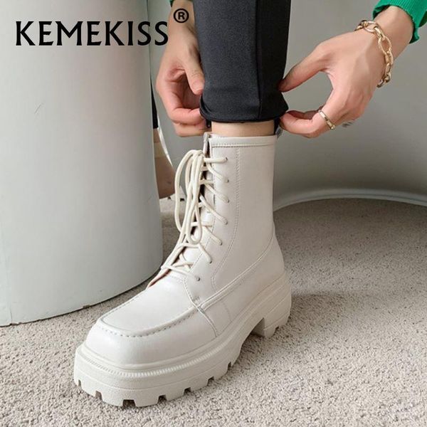 

boots kemekiss genuine leather women shoes ankle thick heels platform lace up winter fashion female footwear size 34-41, Black