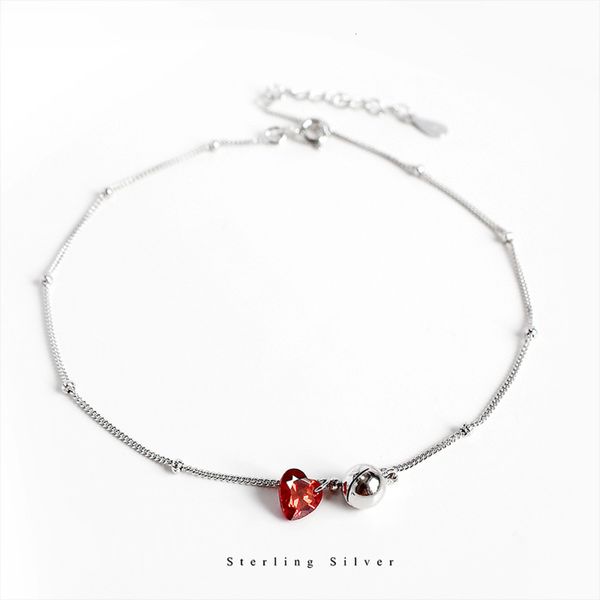 

s925 sterling silver bell red love anklet korean ins temperament women's heart-shaped feet simple fashion jewelry, Red;blue