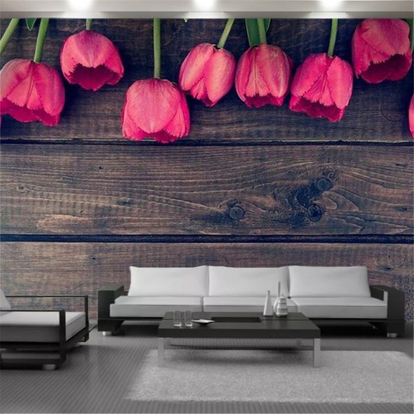 Benutzerdefinierte 3D-Blumentapete, einfache Holzplanke mit zarten roten Blumen, Heimdekoration, Wohnzimmer, Schlafzimmer, Malerei, Wandtapete