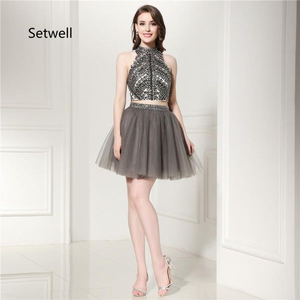 

party dresses setwell luxury crystal beading prom dress 2021 mini short halter backless two pieces homecoming gowns, White;black