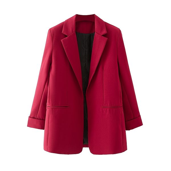 Elegante Frauen Chic Solide Rot Blazer Mode Damen Tasche Jacke Streetwear Weibliche Kausalen Kerb Kragen Strickjacke 210430