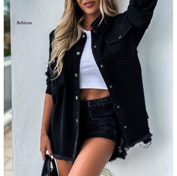 

women's blouses & shirts 2021 fall denim jacket fashion retro ripped breast pocket thick hem casual party lapel collar loose clothes, White