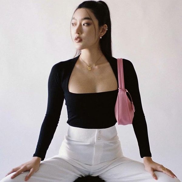 

women's t-shirt 2021 women solid elastic square collar long sleeve chic lady casual clothes, White