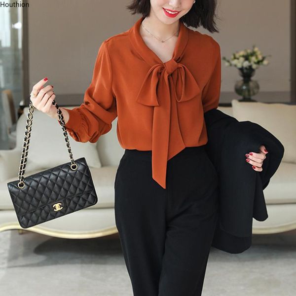 

women's blouses & shirts chiffon loose fashion casual long-sleeved shirt solid color bow tie summer houthion, White