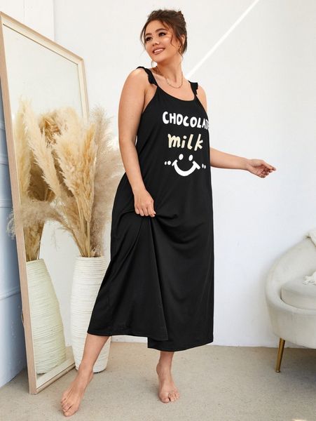 

plus letter & expression print ruffle trim nightdress o0ic#, Black;white