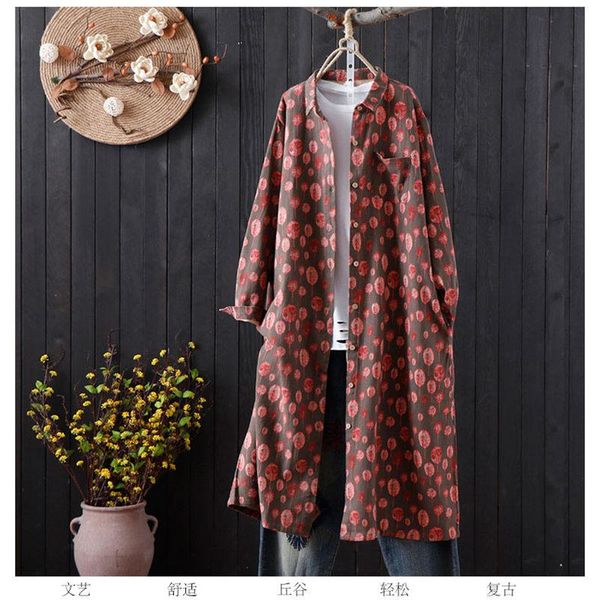 

women's trench coats long linen coat printed cardigan lady 2021 spring loose thin female windbreaker summer casual floral shirt f1142, Tan;black