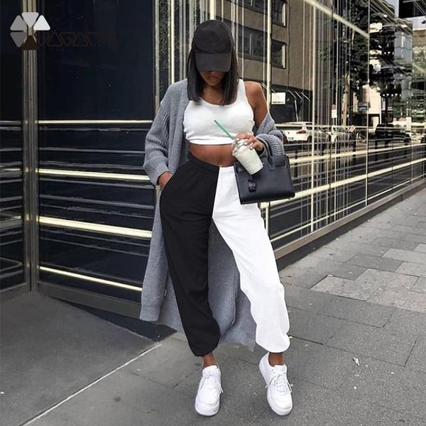 

trousers autumn high waist hip hop dance contrast color splicing pants running jogger sweatpants fashion streetwear for women women's &, Black;white