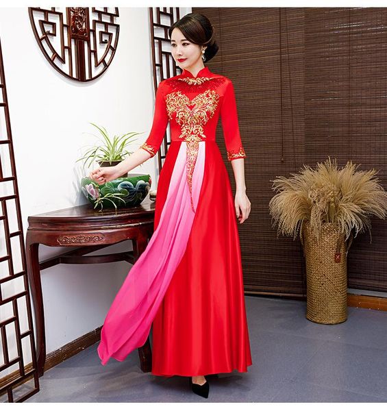 

red women long pleated dresses exquisite appliques wedding party chinese dress vintage stand collar cheongsam big swing skirt ethnic clothin