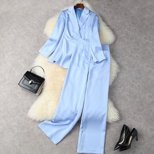 

women's two piece pants blue pant suits women 2021 autumn solid color simple set lace-up waist bow blazer + drape wide-leg trousers s-x, White
