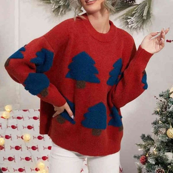 

christmas cartoon tree jacquard pullover women's sweater autumn loose large sweet long sleeve sweater pullovers winter 210514, White;black