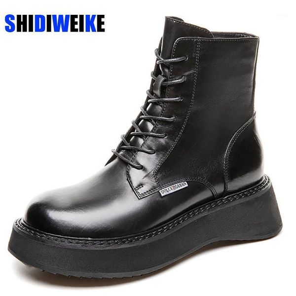 

boots spring autumn motorcycle women fashion lace up round toe platform wedges combat ladies shoes botas mujer ad3421, Black