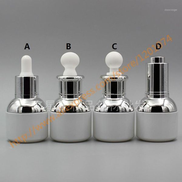 

30ml pearl white glass essential oil bottle with shiny silver dropper lid/press cover.oil vial.cosmetic container,round shoulder
