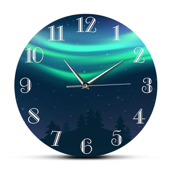 

wall clocks nature landscape aurora borealis artwork clock green northern light non ticking silent movement watch for living room