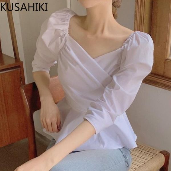 

women's blouses & shirts kusahiki elegant slim waist ruffle short blouse korean square colalr long sleeve shirt 2021 autumn chic blusa, White