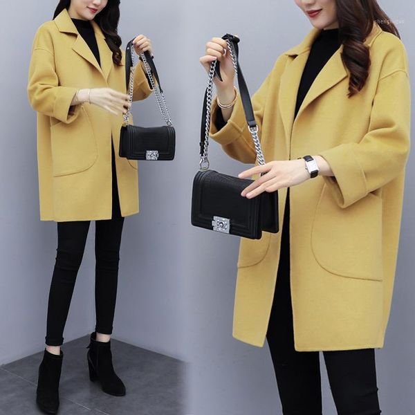 

fashion 2021 autumn winter women wool jacket coat warm thicken slim mid-length outwear with pocket solid female casual coats women's &, Black