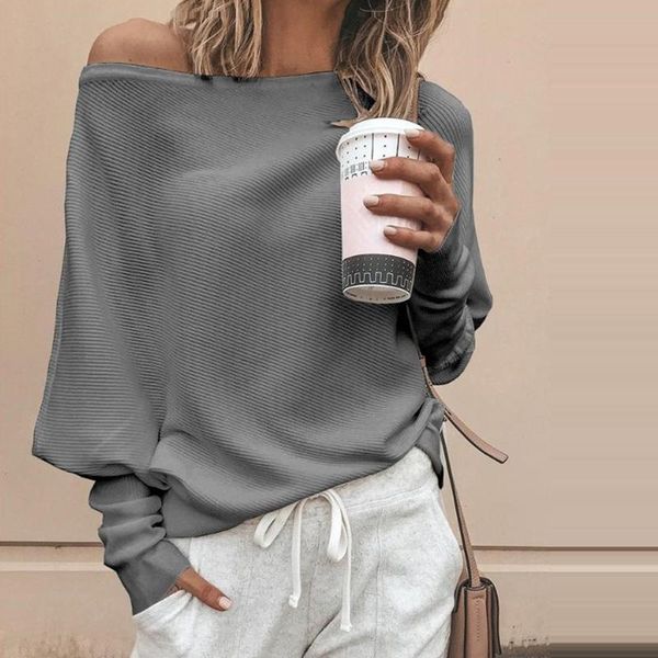 

women's blouses & shirts women shirt long sleeve one line collar female solid color plus size loose pullover jumper 2021 c03, White