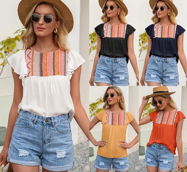

women's t-shirt women's ethnic style round neck loose leaf short-sleeved top, White