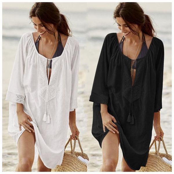 

women's swimwear people cotton side plus size loose bikini swimsuit outer blouse beach sun protection overalls holiday wear, White;black