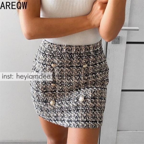 

new spring autumn mini tweed skirt women plaid skirts ladies fashion korean high waist double breasted skirt 210319, Black