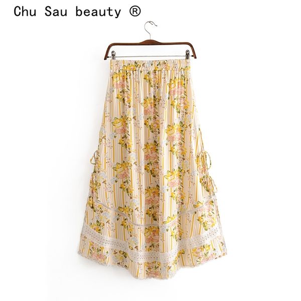 Chu Sau beauty Fashion Boho Floral Print Summer Lace Patchwork Gonne lunghe Donna Holiday Chic Gonna a vita elastica Donna 210508