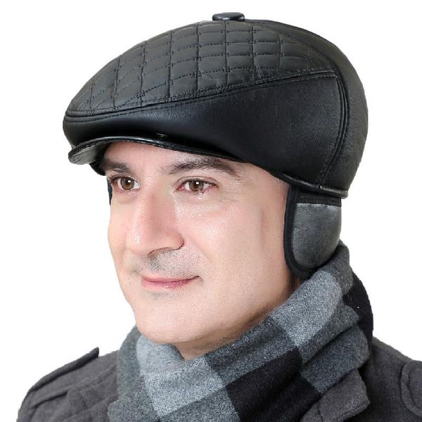 

visors pu leather visor hat middle-aged and elderly men warm velvet earmuffs cap old male fall winter outdoor fashion casual hats h6939, Blue;gray