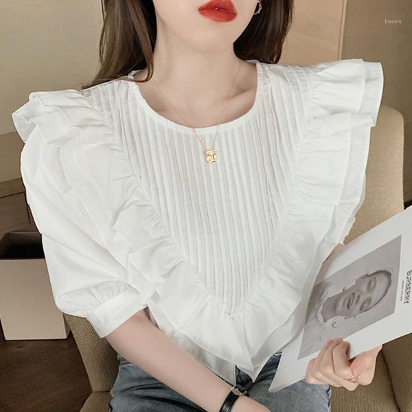 

women's blouses & shirts summer short sleeve blouse women o-neck ruffles chiffon white shirt blusas mujer de moda 2021 f25