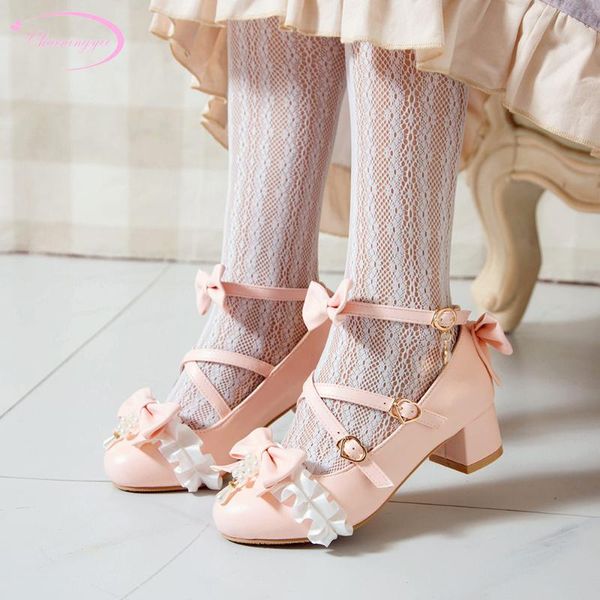 

sweet style comfortable round toe pumps fashion beading bowknot lace white beige pink medium with thick heel women's shoes dress, Black
