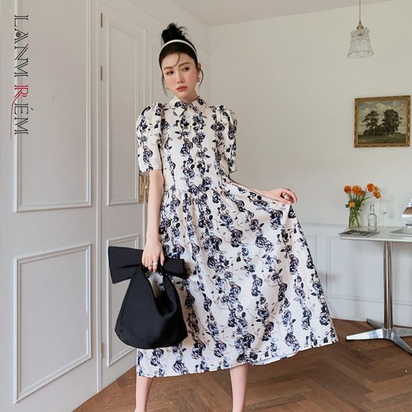 

women dress puff sleeve print turn-down collar temperament loose fit fashion summer 2h864 210507, Black;gray