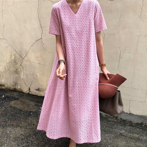 

casual dresses [ewq] korea chic trend women v-neck robe lace hollow loose fashion zipper short-sleeved midi dress summer 2021 6e1202, Black;gray