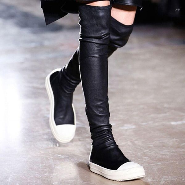 

boots classic brand women's genuine leather over-the-knee stretch long white and black winter women flat 35-401