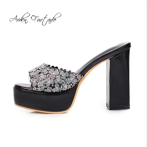 

slippers arden furtado 2021 summer fashion women's shoes mature elegant crystal rhinestone platform peep toe big size 43, Black
