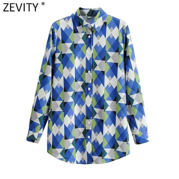 

zevity women vintage color match geometric print smock blouse office ladies breasted casual shirts chic blusas ls7643 210603, White