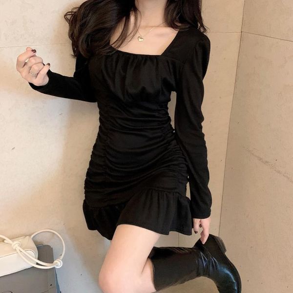 

casual dresses women winter fall bodycon ribbed dress square neck solid stretch pencil party mini vestido, Black;gray