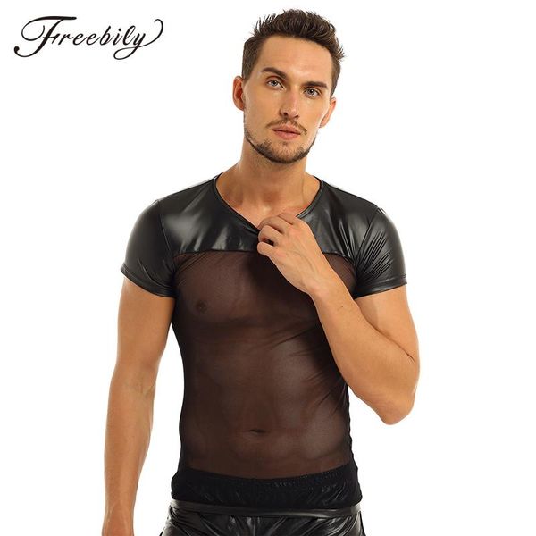 

mens short sleeve o-neck faux leather mesh fishnet t shirts see-through tees clubwear stage performance costume men's t-shirts, White;black