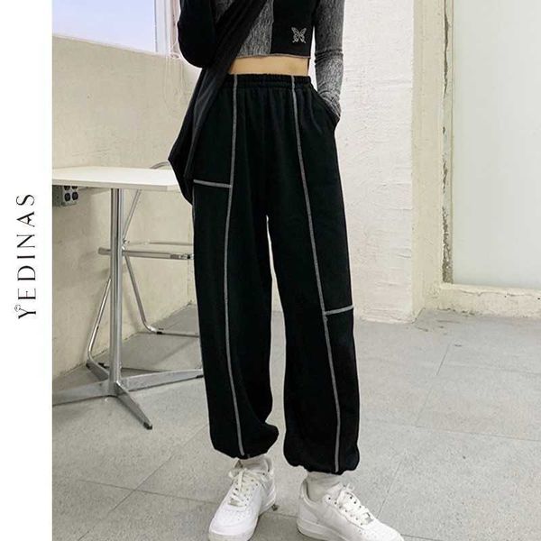 

yedinas thick pants women loose sweatpants casual cotton preppy style patchwork high waist harem female trouser winter korean 210527, Black;white