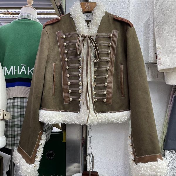 

women's fur & faux winter vintage army green women short coat elegant british style lambswool patchwork breasted design female cotton o, Black