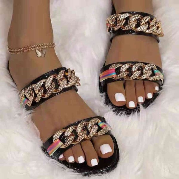 

women's summer chain slippers ladies fashion metal decoration female flats slides new casual outdoor plus size sandals 80% off outlet o, Black