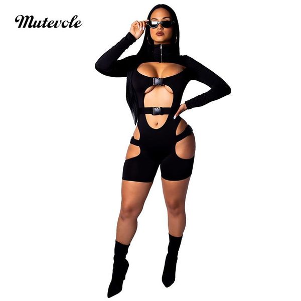 

women's jumpsuits & rompers mutevole womens hollow out party jumpsuit playsuit long sleeve zipper turtleneck solid open front skinny, Black;white